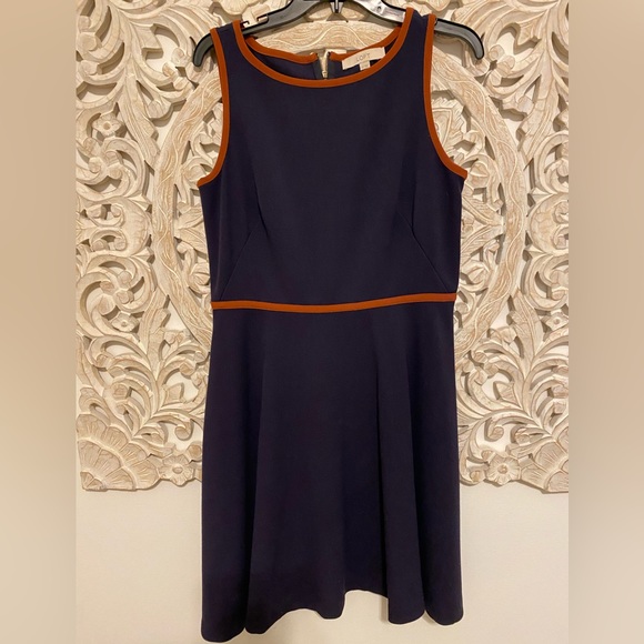 LOFT Navy w Burnt Orange Piping Flared Dress - Picture 4 of 8